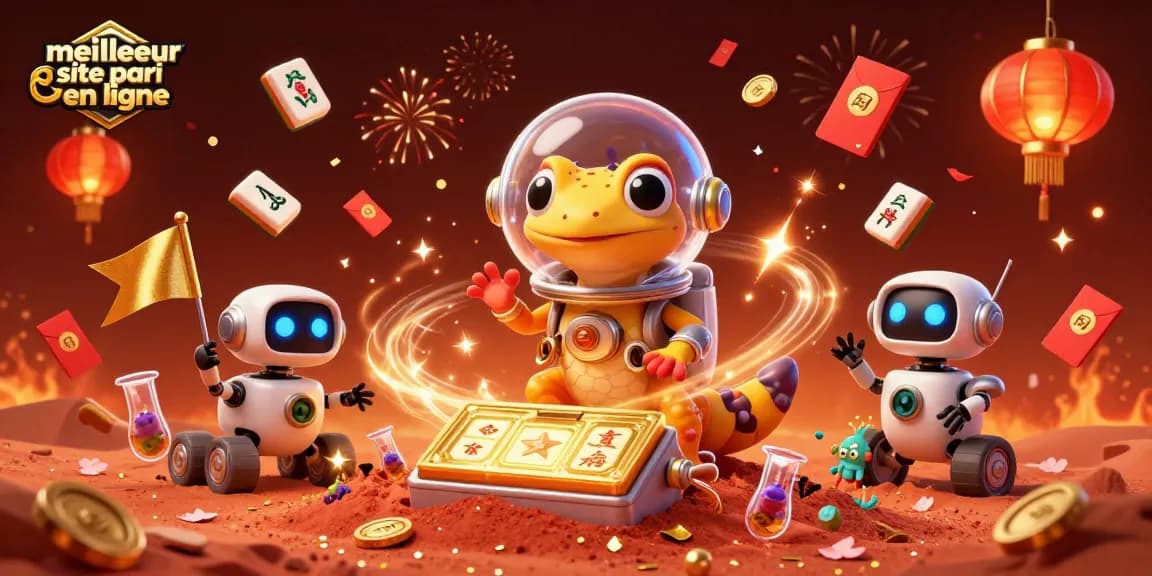 Ce visuel représente le meilleur site pari en ligne, intégrant un gecko martien et des éléments de jeux captivants.