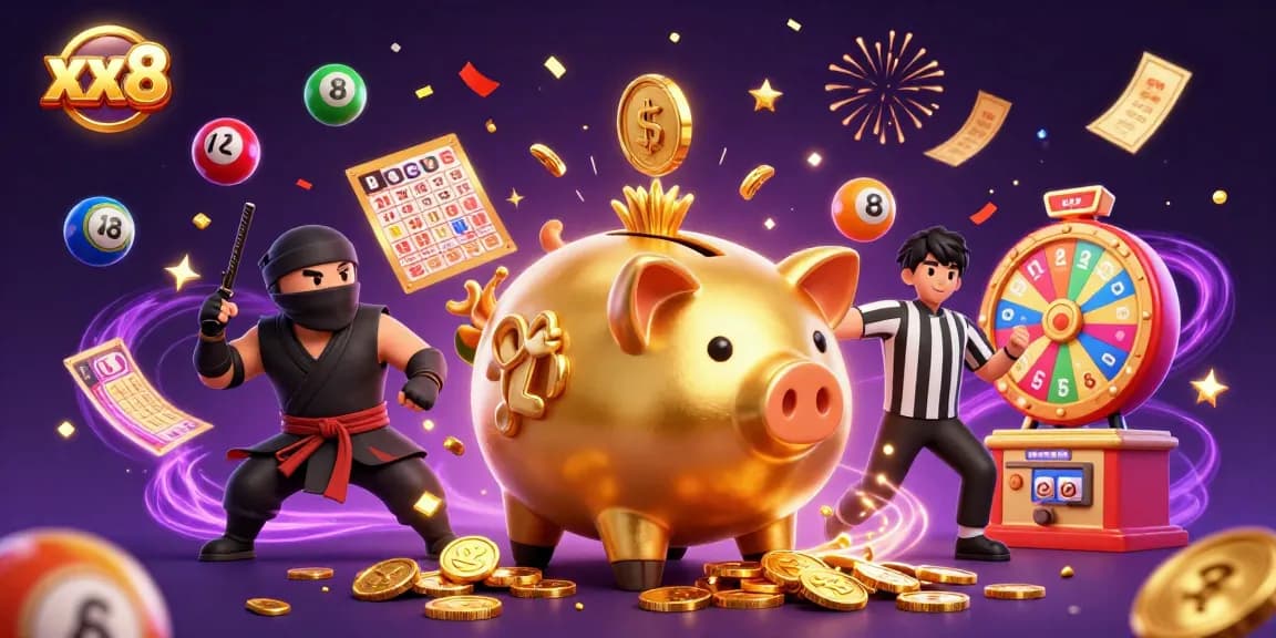Engage with xx8's 3D casino scene featuring a golden piggy bank sumo wrestler and exciting lottery elements.
