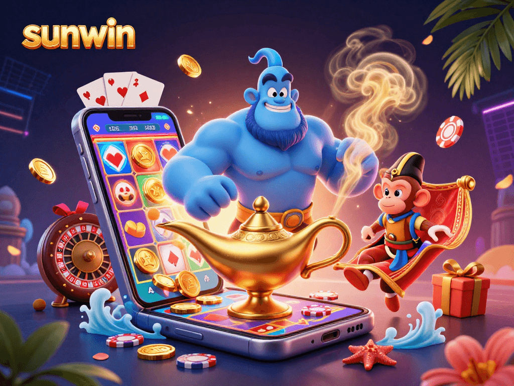 Play with sunwin's exciting 3D scene featuring a genie and magical casino elements.