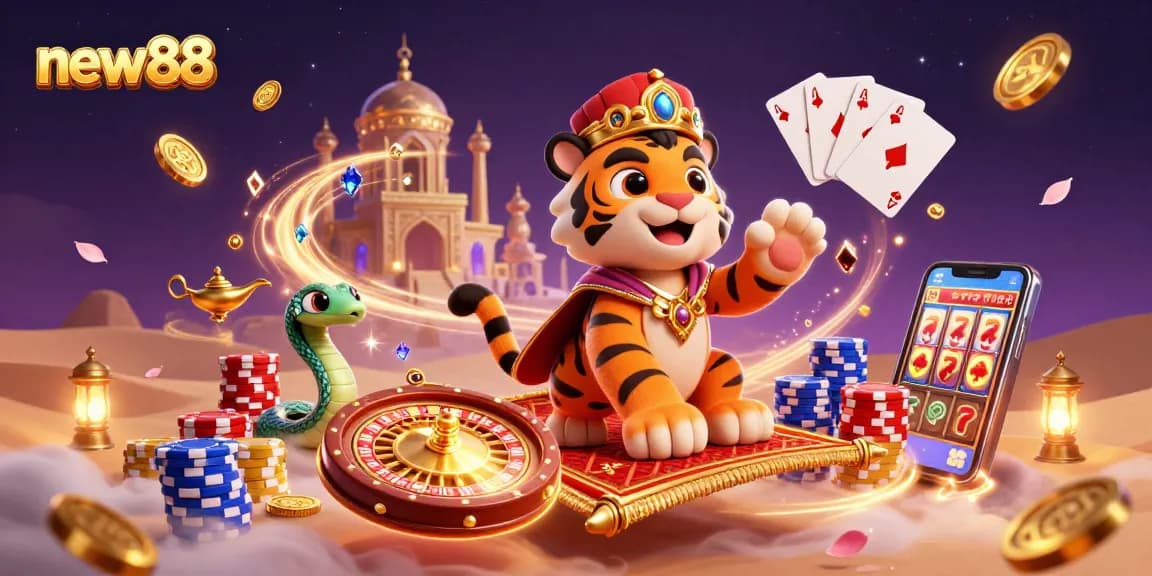 Win at new88 with an Arabian-themed casino illustration featuring vibrant game elements and a lucky tiger sultan.