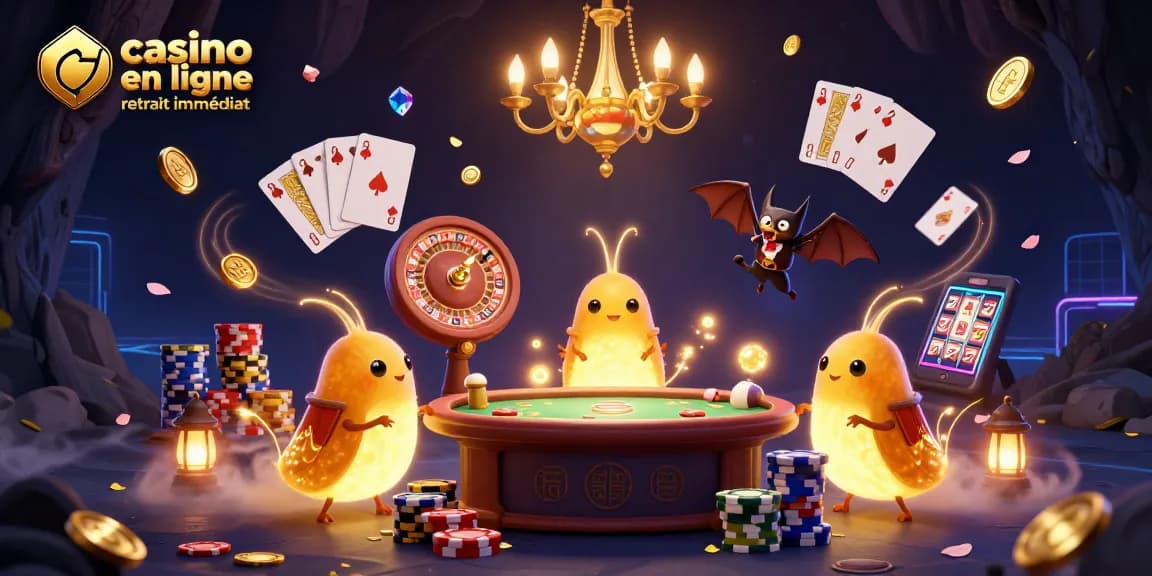 Casino en ligne retrait immédiat avec un casino animé rempli de lumières et de gains.