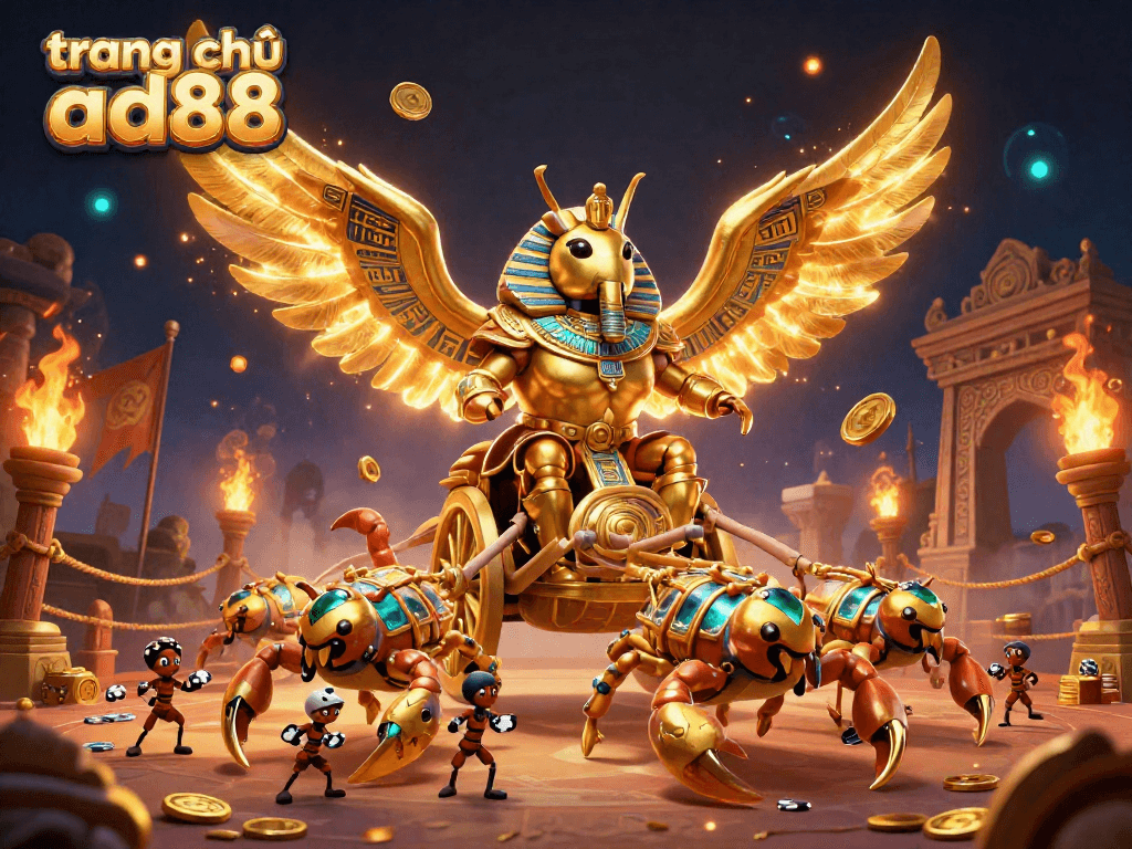Engage with the vibrant scene of trang chủ ad88 showcasing a golden scarab beetle and scorpions in an epic casino atmosphere.