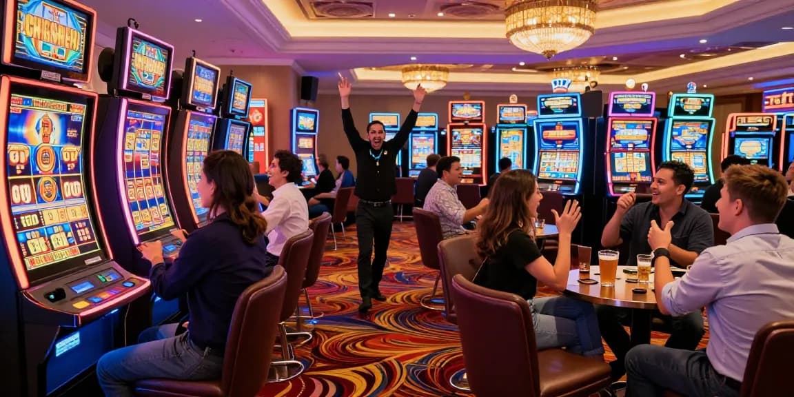 Players celebrating a win at a slot jackpot machine in a vibrant casino setting.