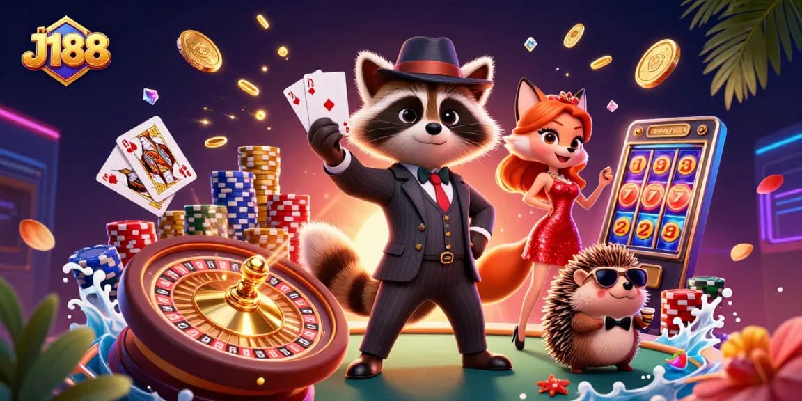 J188 captivates players with a raccoon holding a royal flush, amidst a vibrant casino scene.