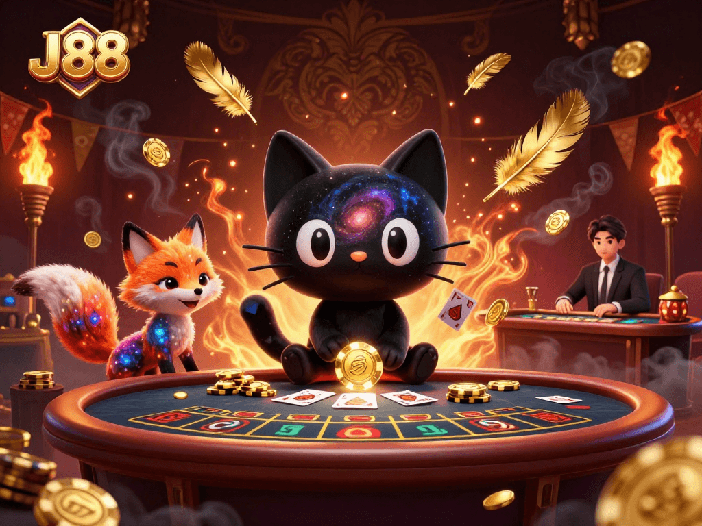 Engage in exciting baccarat action with J88 at the cosmic casino featuring a mystical black hole cat.