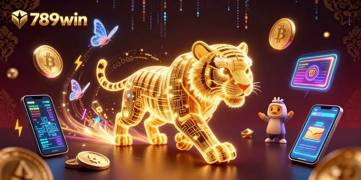 Experience 789win in a vibrant digital casino world with neon tigers and crypto coins.