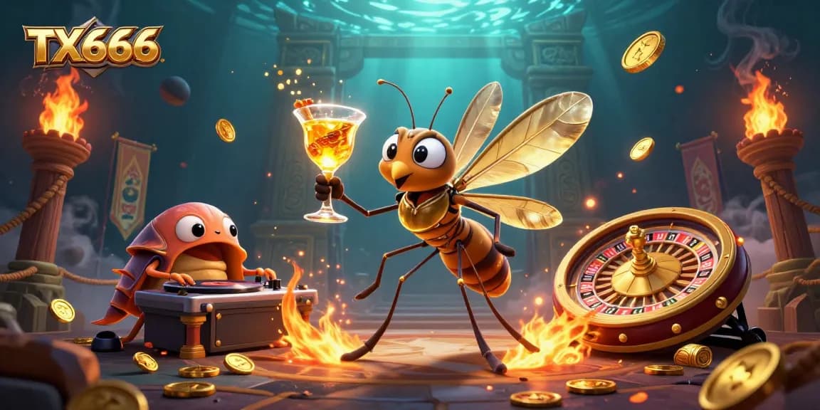 Engage with TX666 by winning big at the golden roulette wheel in a vibrant casino-themed illustration.