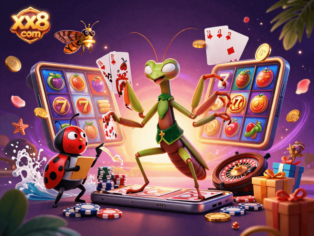 Engage with exciting gameplay at xx8 com, featuring vibrant slot reels and animated casino characters.