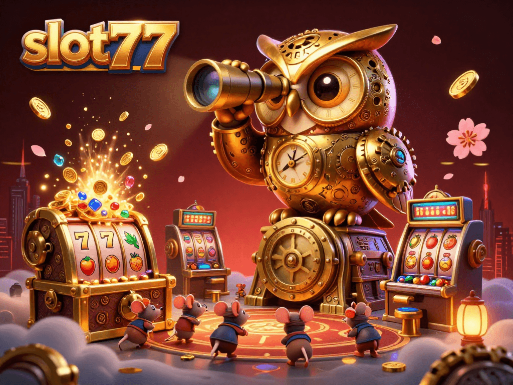 Experience the thrill of slot777 with golden owls and dynamic slot machines in a vibrant casino scene.