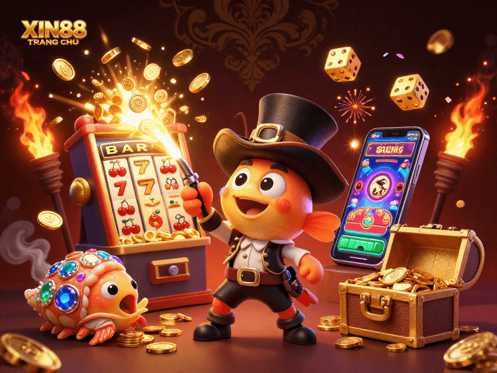 XIN88 TRANG CHỦ showcases a dynamic, vibrant scene featuring playful characters and rich gambling elements.