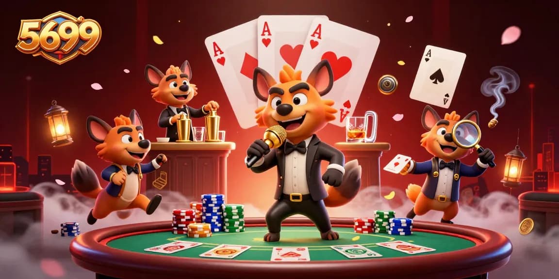 Engage in thrilling poker at 5699, featuring lively hyenas in a dynamic comedy casino scene.