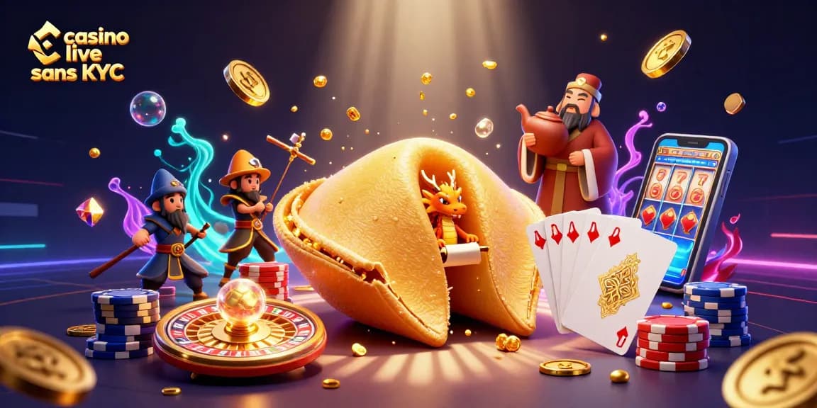 Gagnez au casino live sans KYC avec une scène dynamique de personnages et d'éléments de jeu.