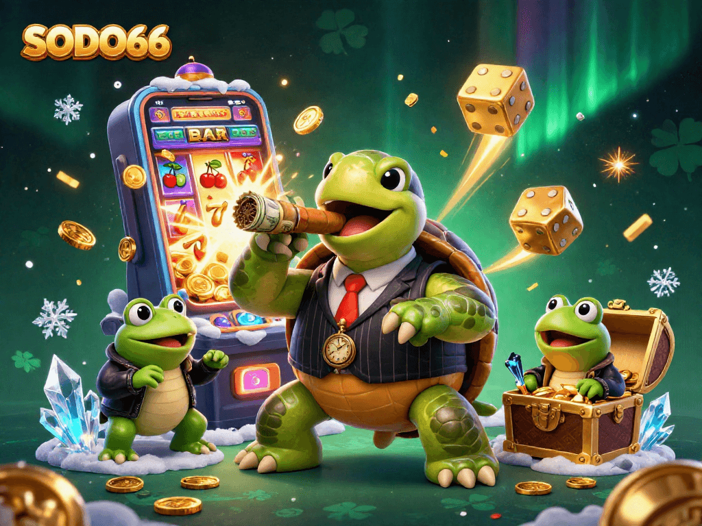 SODO66 showcases a vibrant casino scene with a snapping turtle and bullfrog enforcers amidst dazzling slot machine jackpots.