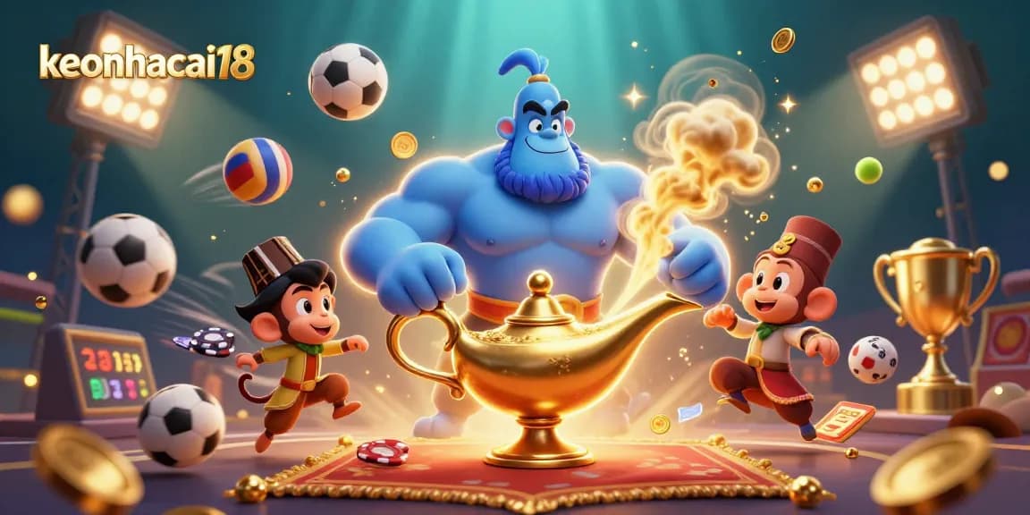 Engage with the excitement of keonhacai18 by exploring dynamic sports betting visuals featuring a genie and colorful sports elements.