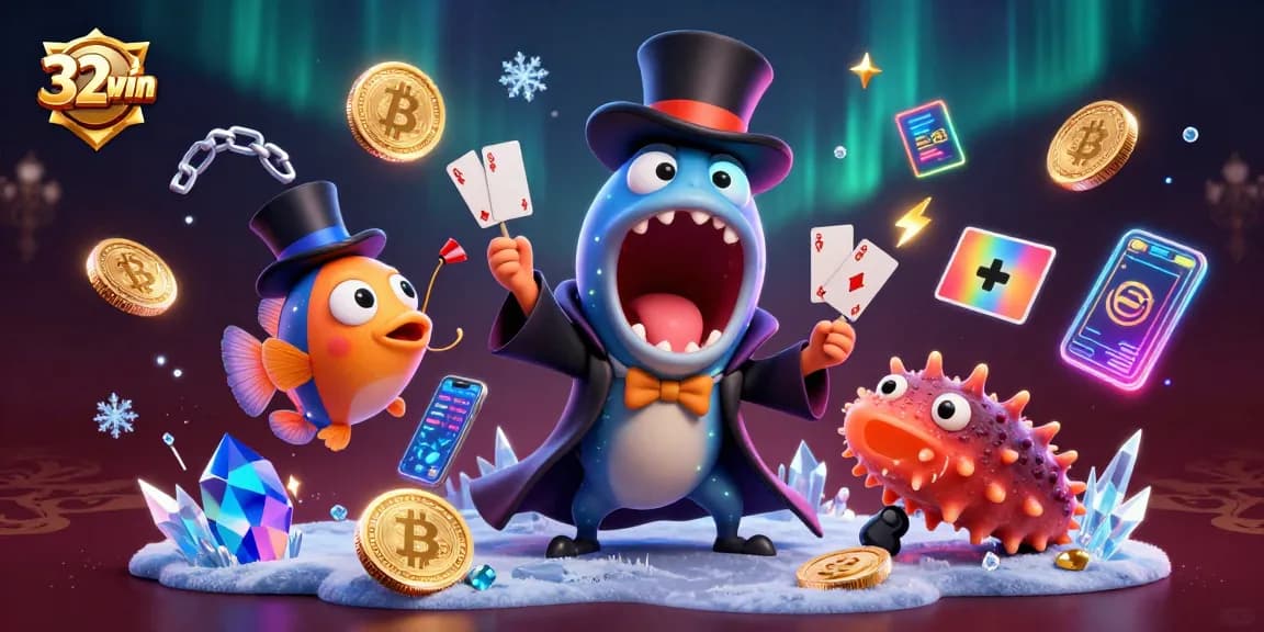Experience the magic of 32win with a vibrant 3D scene featuring whimsical underwater characters performing dazzling tricks