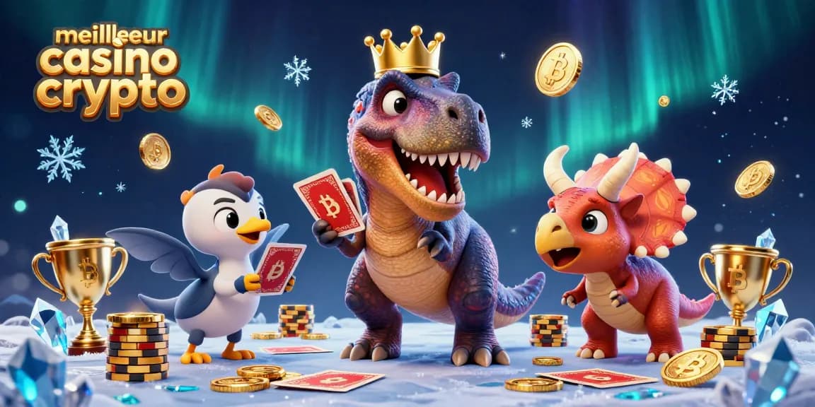 Jouer dans le meilleur casino crypto avec un T-Rex et des pièces en or éparpillées autour.