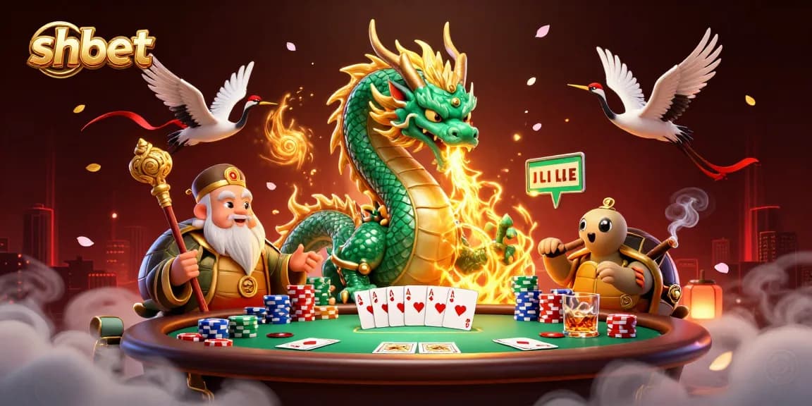 Experience the excitement of shbet with a dynamic gaming scene featuring a dragon, turtle sage, and poker elements.