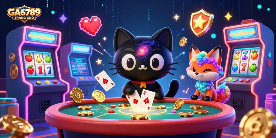 GA6789 TRANG CHỦ showcases an exciting cosmic casino scene with a black hole cat and colorful fox, attracting eager players.