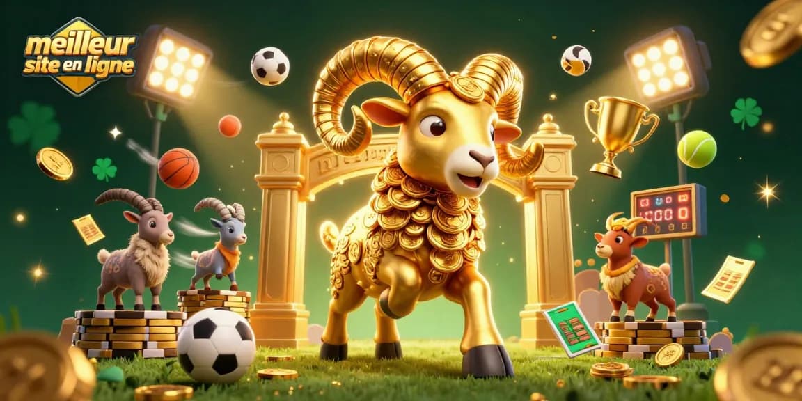 Célébrez le meilleur site pari en ligne avec une illustration dynamique de personnages de casino en 3D et des éléments sportifs.