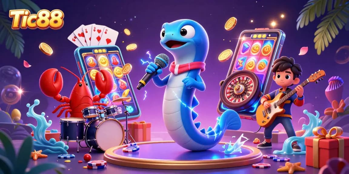 Experience the electrifying world of Tic88 with vibrant casino elements featuring an electric eel DJ.