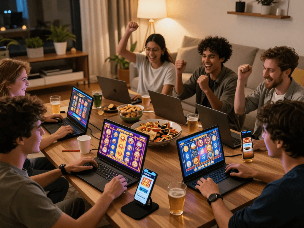 Friends enjoying gacor slot games on GACORBOS88 app in a cozy home setting