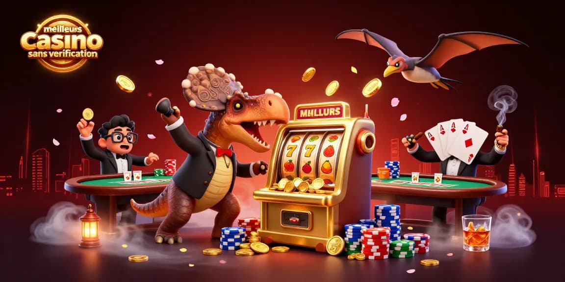 Illustration d'un meilleur casino sans vérification avec des personnages de dinosaures en plein jackpot, attirant les joueurs.