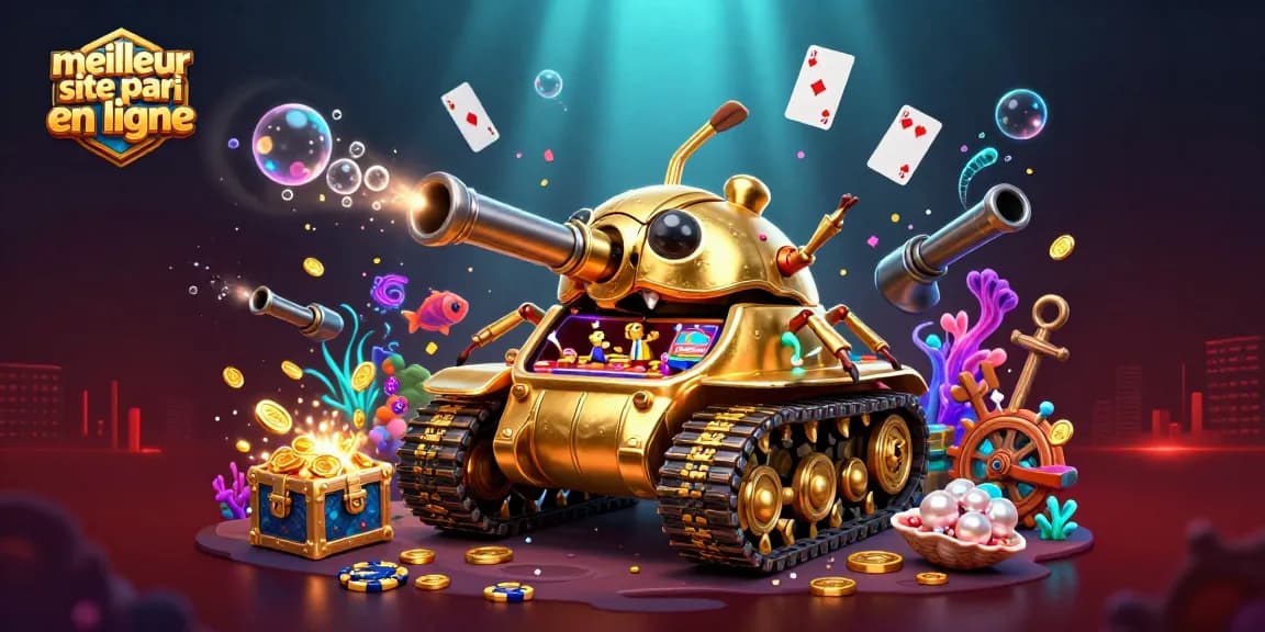Visualisez le meilleur site pari en ligne avec un tank en forme de scarabée doré et des éléments de casino attrayants