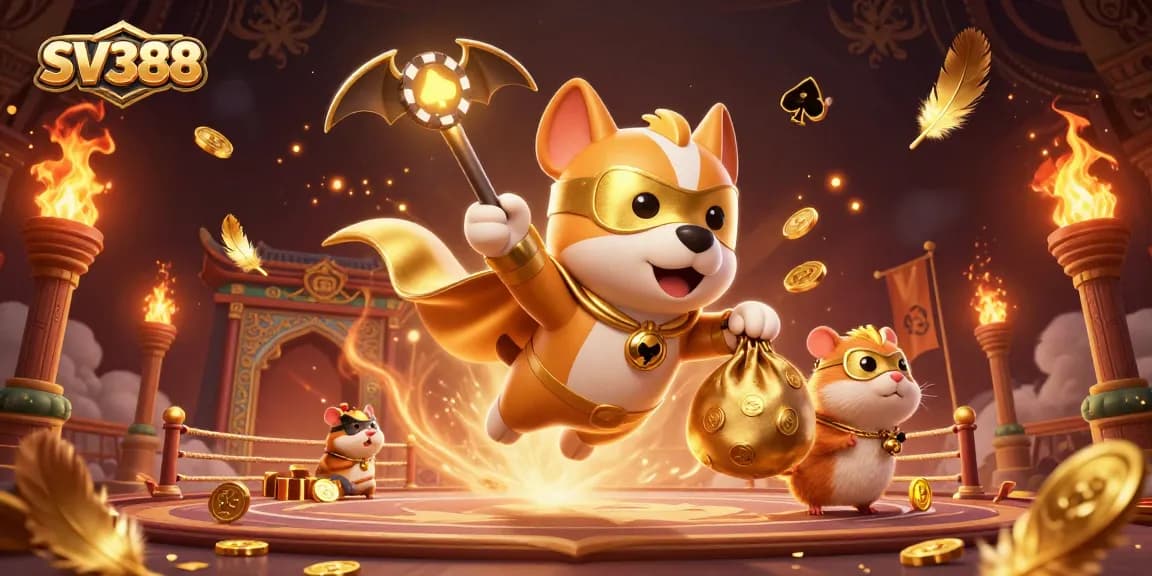 Bet on SV388 with thrilling cartoon action featuring a superhero dog and hamster in a vibrant arena.