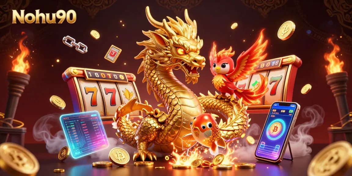 Nohu90 showcases a fierce dragon and phoenix amidst bright slot reels and crypto scenes