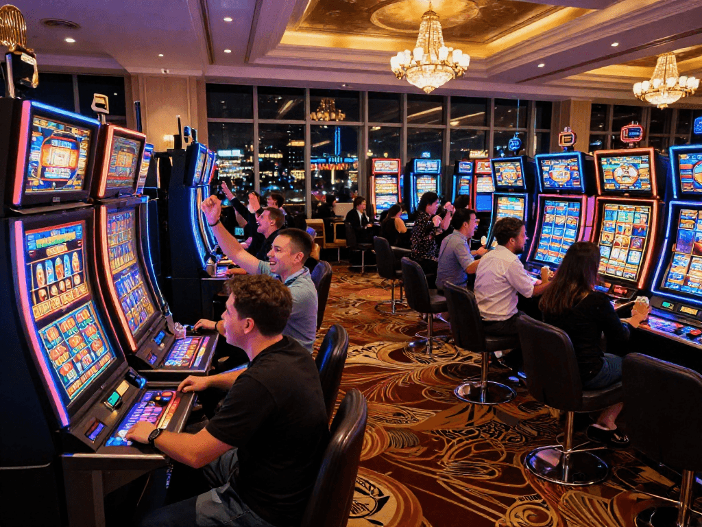 Players celebrating a huge slot jackpot win in a vibrant casino with colorful lights.