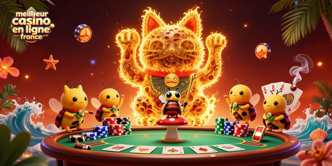 La scène dynamique met en avant le meilleur casino en ligne en France avec un chat chanceux et des éléments de poker.