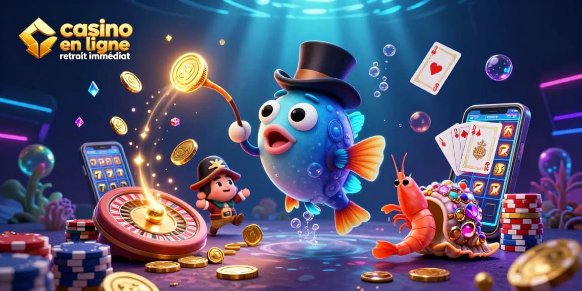 Gagnez rapidement avec le casino en ligne retrait immédiat, illustré par des poissons et des jeux de casino.