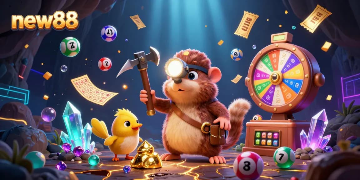 Engage in exciting gameplay at new88 with vibrant lottery elements and treasure-themed characters.