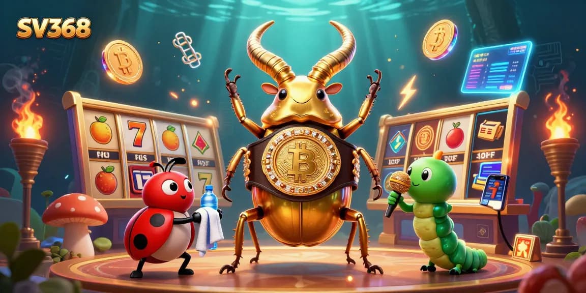 Engage with SV368's thrilling games featuring a giant golden stag beetle in a vibrant casino arena.