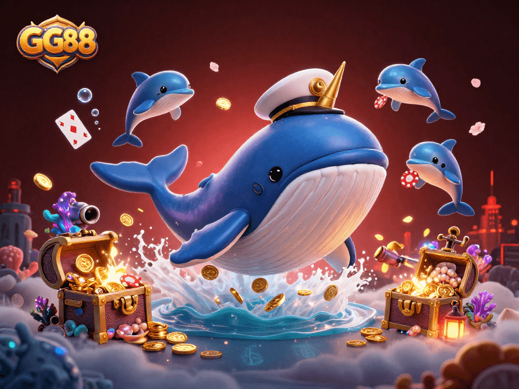 Immerse in GG 88's vibrant world with a whale captain and playful dolphins in a sea of coins.