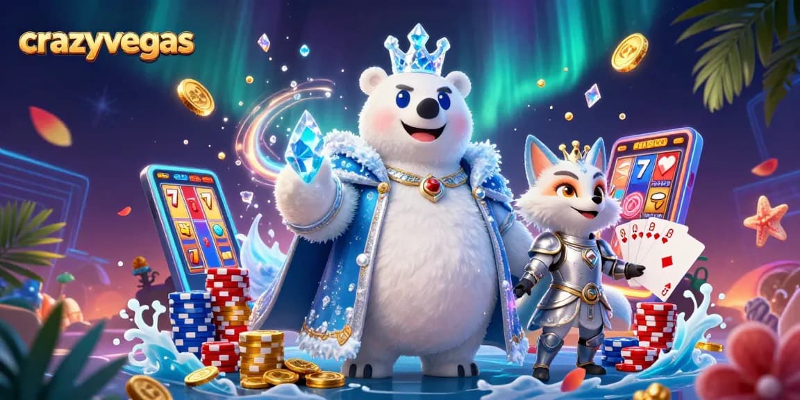 Experience the excitement at crazyvegas with the ice king and snow fox amid dazzling casino elements.