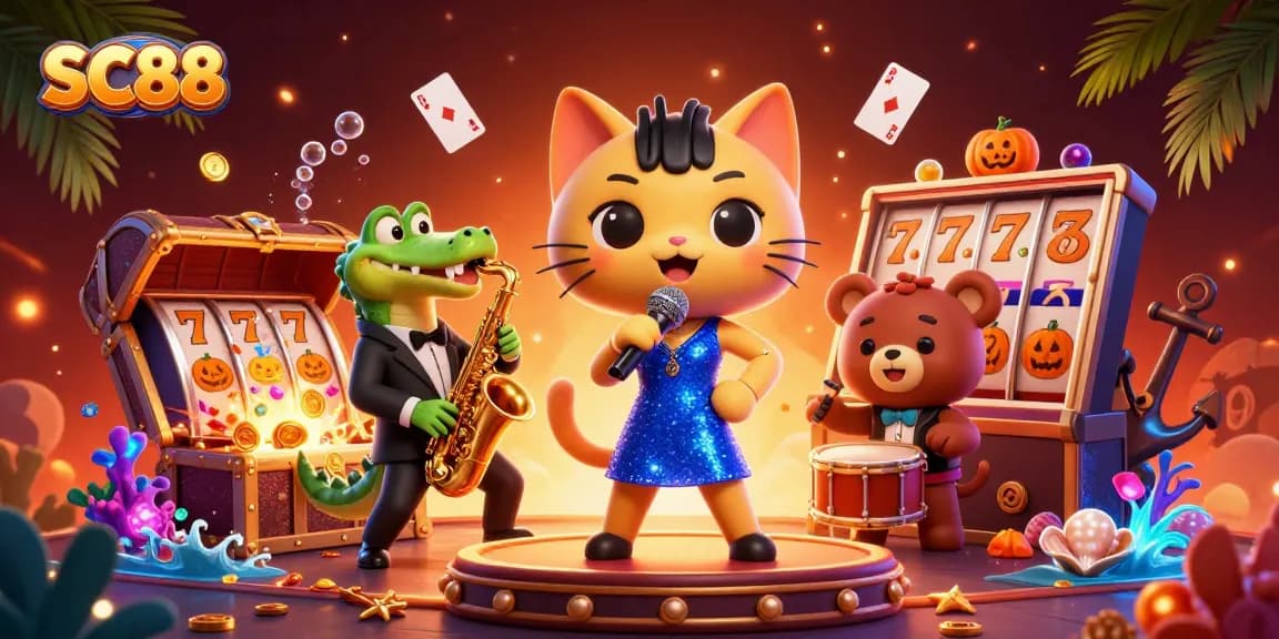 Experience the excitement of SC88's vibrant casino scene with animated characters and casino elements.