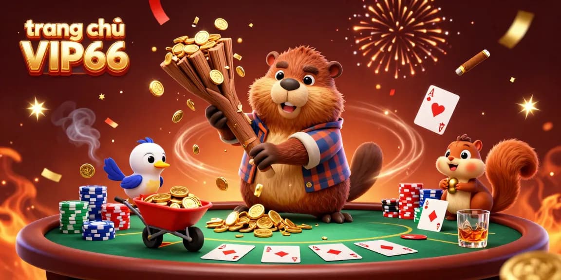 Experience excitement at trang chủ VIP66 with lively cartoon beaver and friends at a vibrant poker table.
