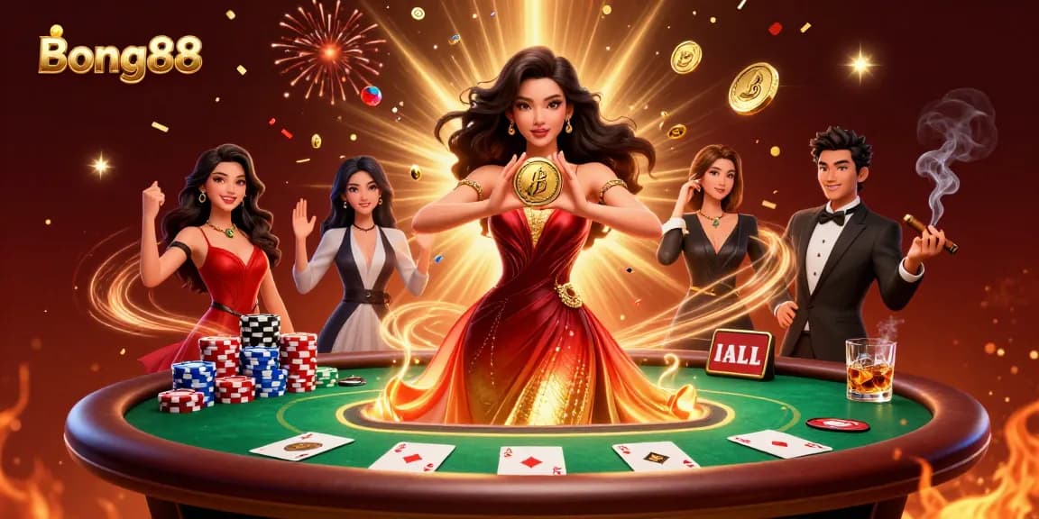 Bong88 celebrates with a photorealistic Asian woman and dynamic gambling elements in a vibrant casino scene.