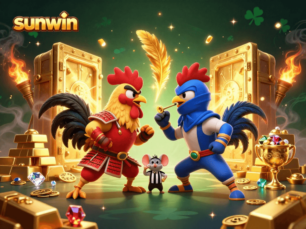 sunwin showcases intense roosters battling over treasure in a vibrant casino scene