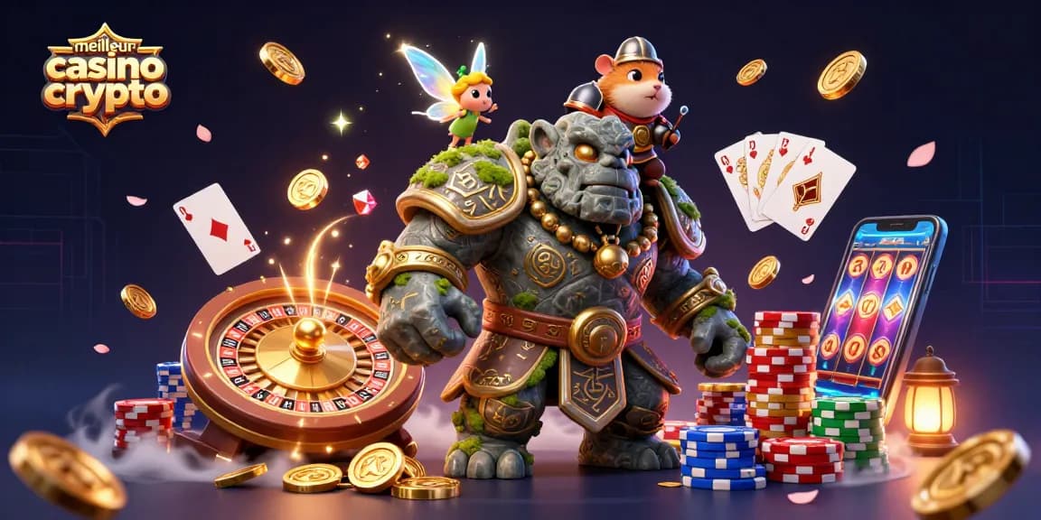 Gagnez avec meilleur casino crypto : illustration dynamique de personnages de casino et éléments de jeu