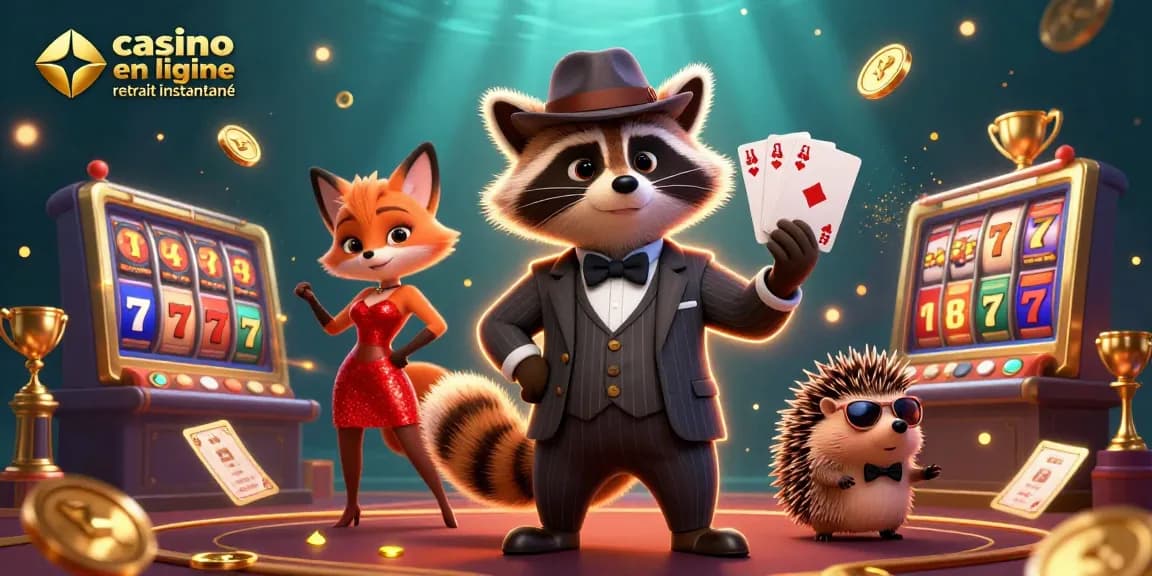 Gagnez des jackpots avec notre casino en ligne retrait instantané illustré par un hérisson et un raton laveur.