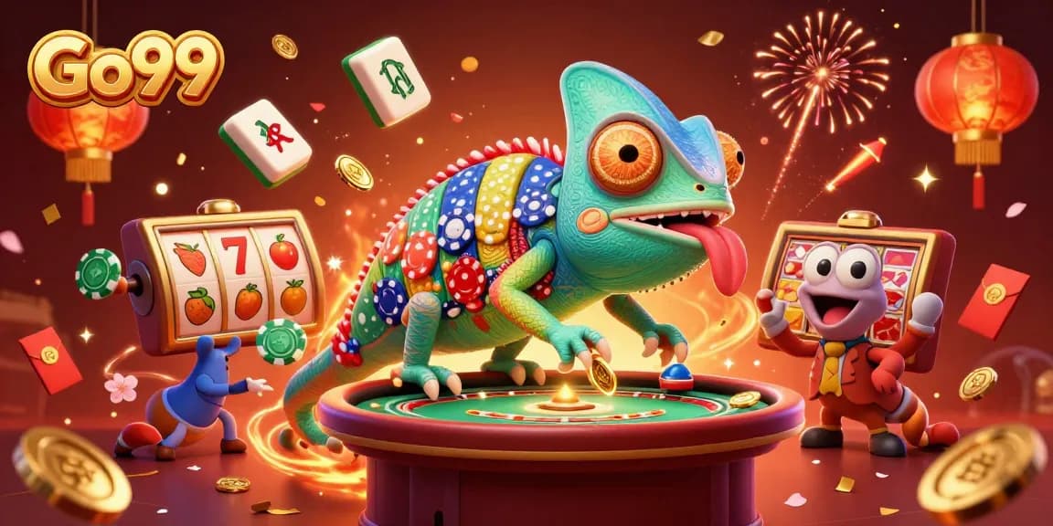 Go99 players engage with vibrant slot reels and festive casino themes in a rich 3D illustration.
