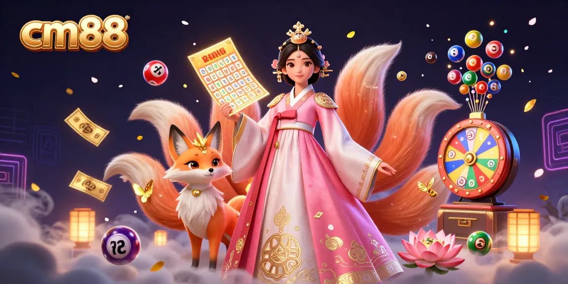 Experience exciting gaming action at cm88 with colorful lottery elements and an elegant character scene.