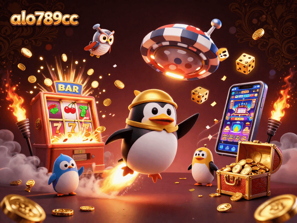 Play exciting games at alo789bcc with golden penguin blasting through coins and thrilling casino elements.