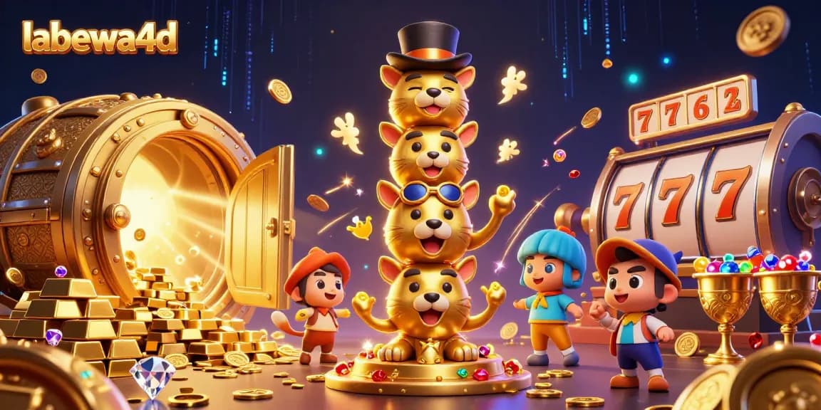 Permainan slot menarik di labewa4d dengan eksterior totem emas dan koin berkilau.
