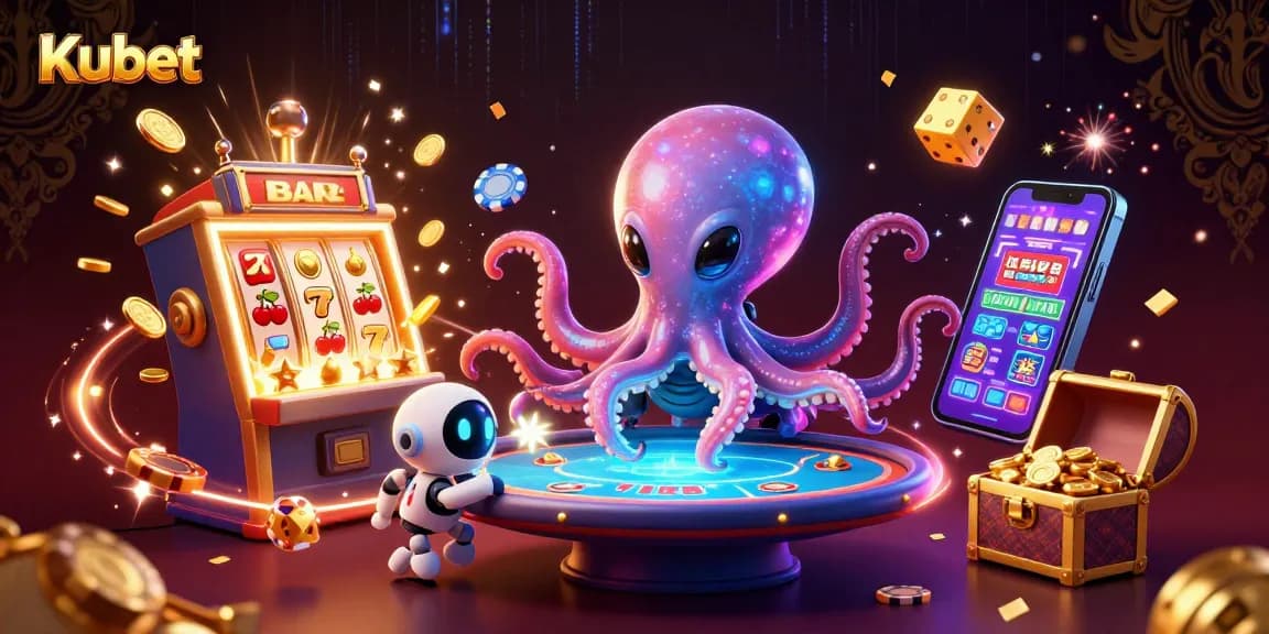 Kubet's 3D alien octopus engaging players at a holographic poker table, surrounded by a burst of casino excitement.