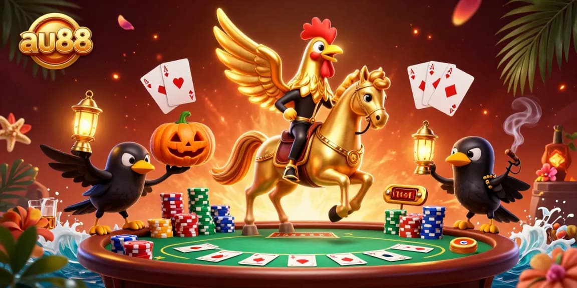 Experience thrilling casino action at au88 with a golden rooster on a spectral horse amidst vibrant poker elements.