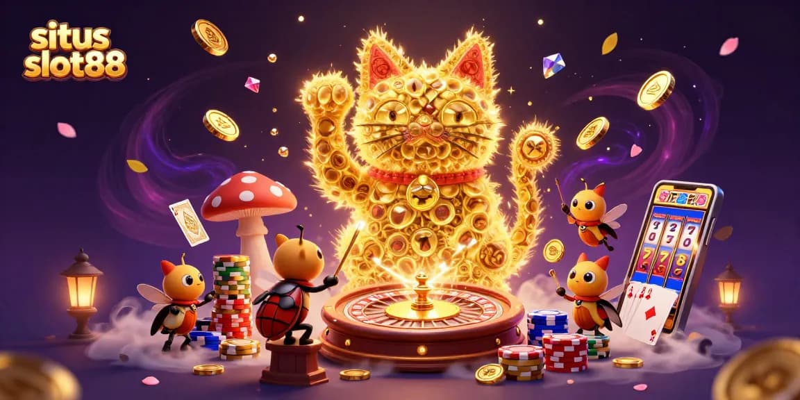 Situs slot88: Menangkan jackpot dengan cat keberuntungan yang dipenuhi koin dan simbol kasino.