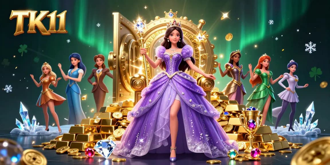Engage with thrilling TK11 casino games in a vivid, royal-themed illustration filled with treasures.